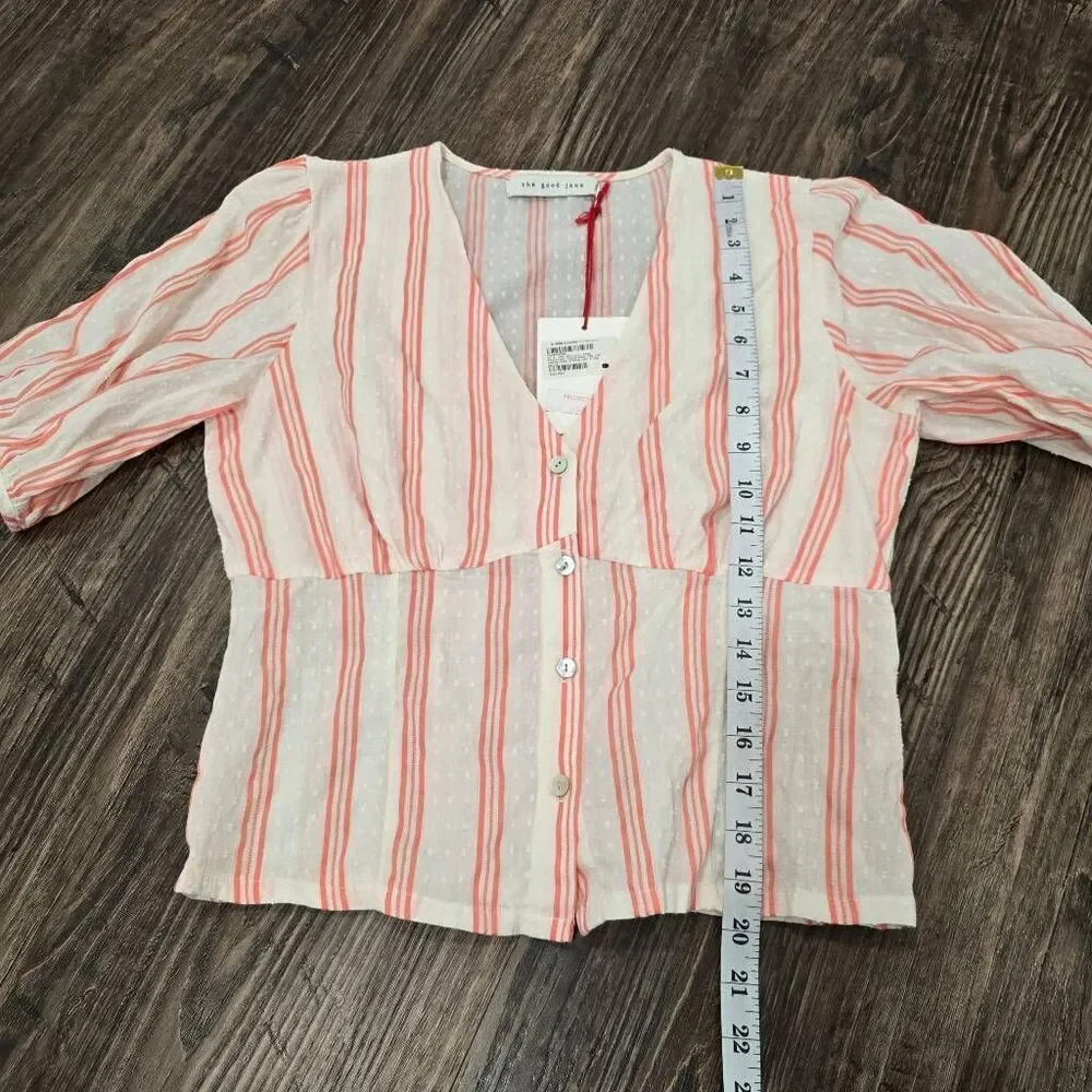 The Good Jane Striped Button Front Peplum Top Puff Sleeve NWOT Size Small (Measu